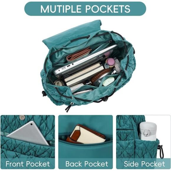 Puffy Quilted Backpack for Women, Teal blue - Picture 3 of 7